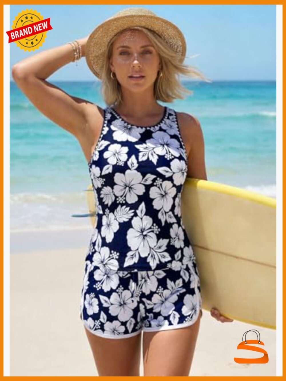 Modest Tankini Set with Board Shorts, Sleeveless Scoop Neck Tank Top, - Picture 3 of 7